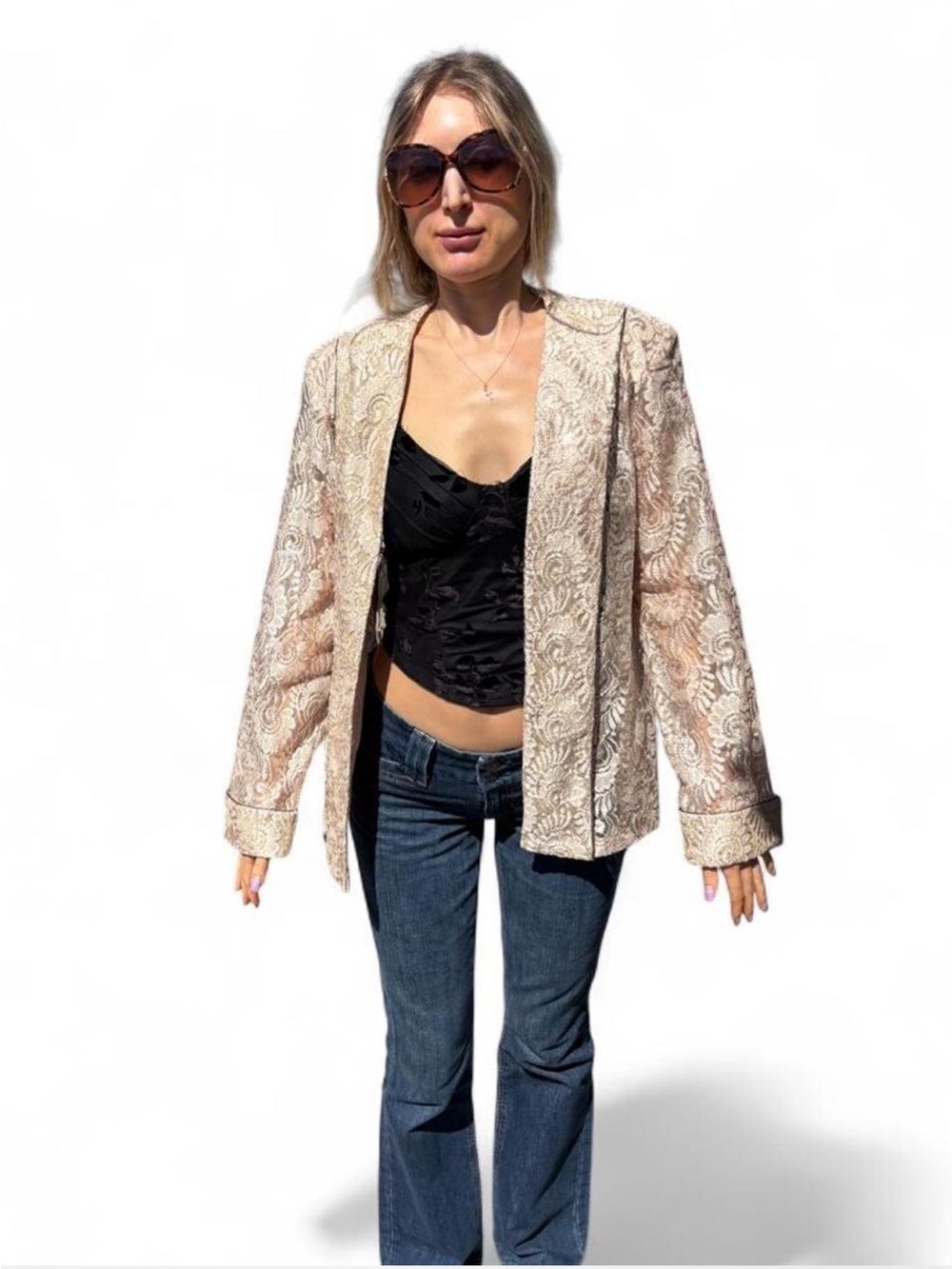 Poly USA golden cream lace blazer layering Lagenlook vintage open coat M